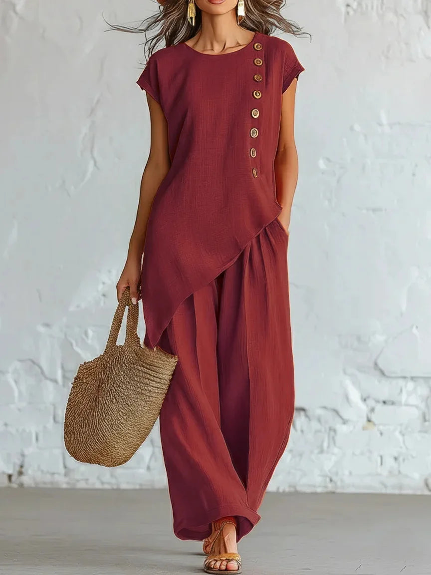 Women 2 Piece Set Elastic Waist Pocket Button Decorate Wide Leg
