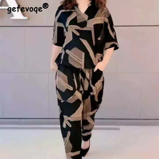 Casual Fashion Geometric Letter Printing Pant Sets Summer Short Sleeve