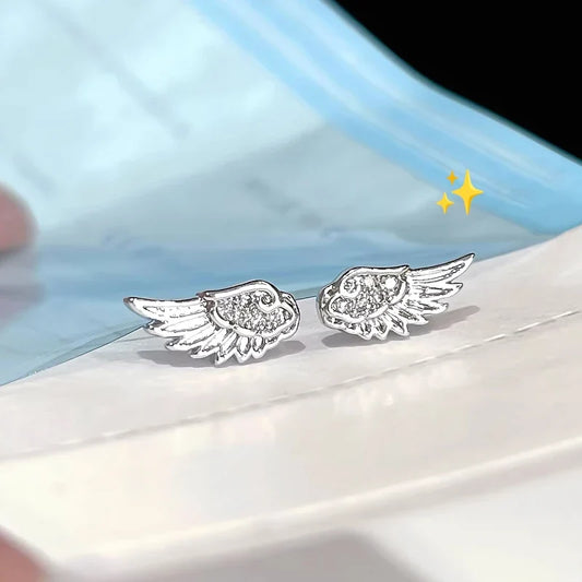 Luxury Zircon Angel Wing Cross Stud Earrings for Women Shiny Crystal Wings Fashion Silver Color Vintage Ear Studs Jewelry Gifts