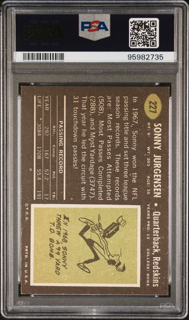 Graded 1969 Topps Sonny Jurgensen #227 Football Card PSA 4 VG-EX