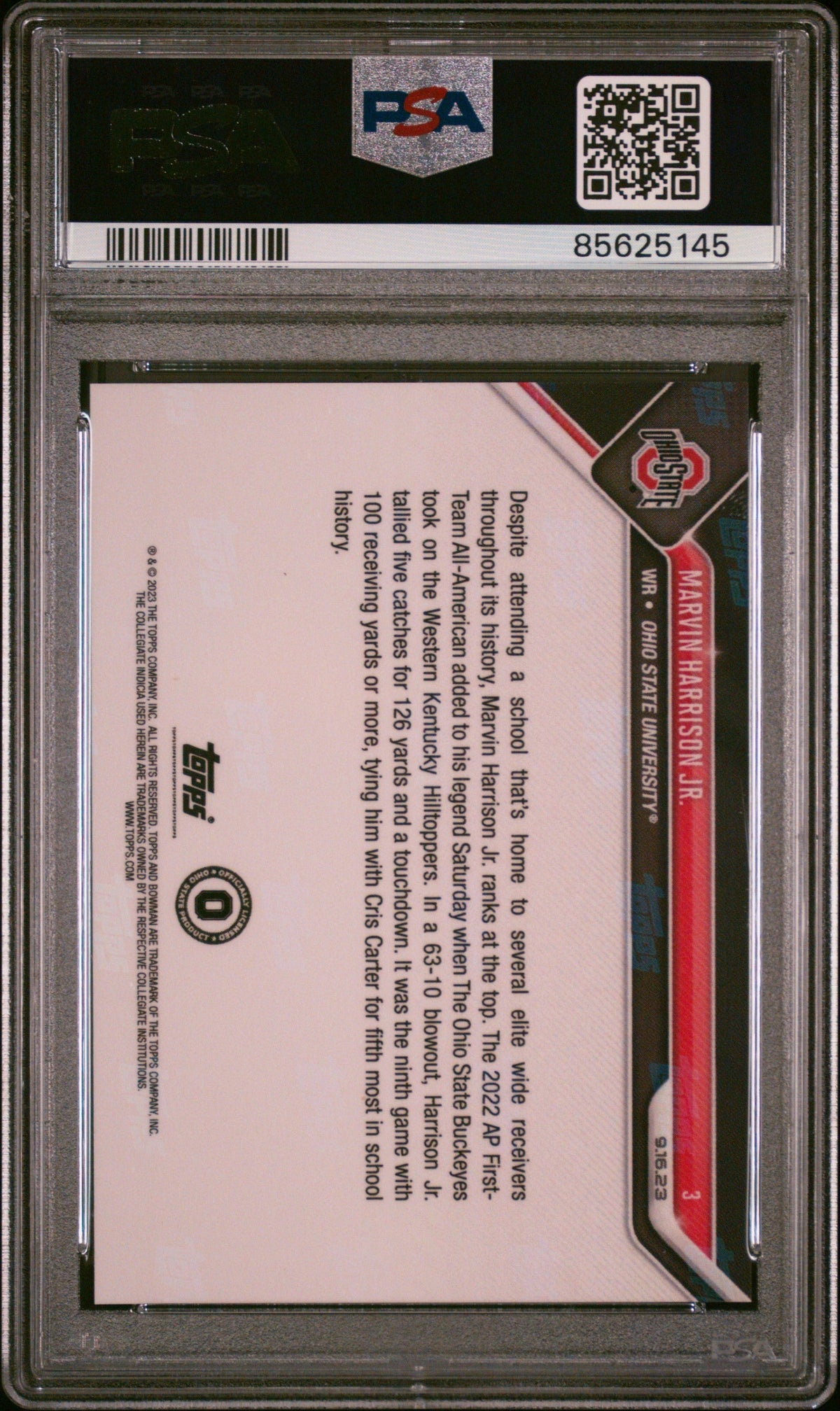 Graded 2023 Topps Bowman U Now Marvin Harrison Jr #3 Rookie RC Football Card PSA 9 Mint