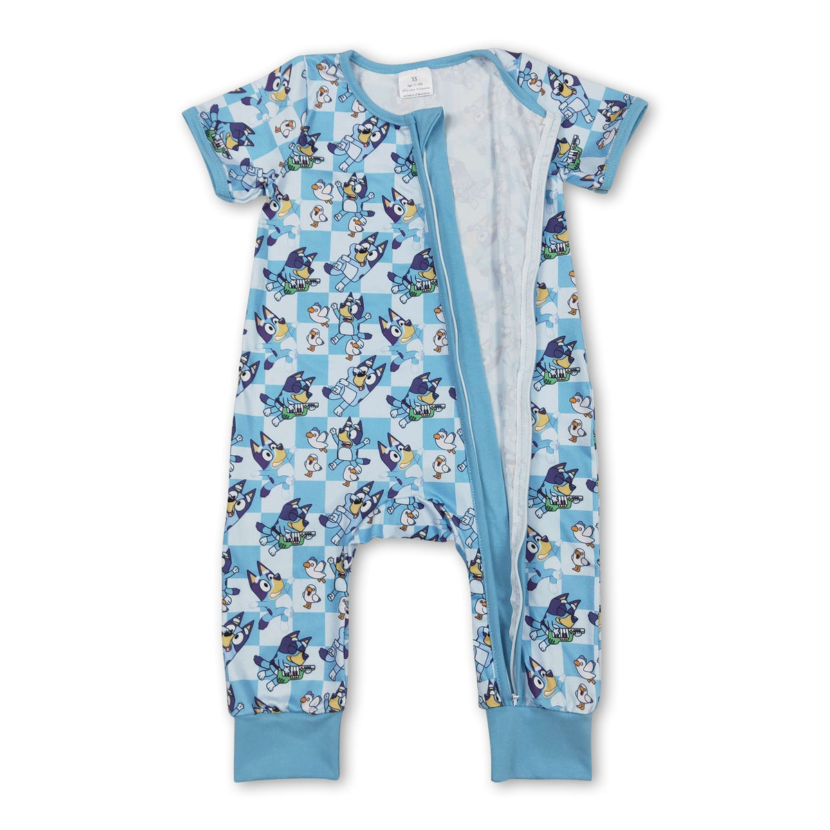 Blue short sleeves plaid dog baby kids zipper romper