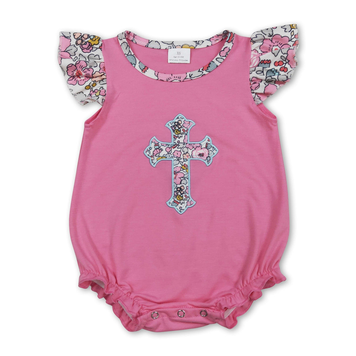 Flutter sleeves floral cross embroidery baby Easter romper