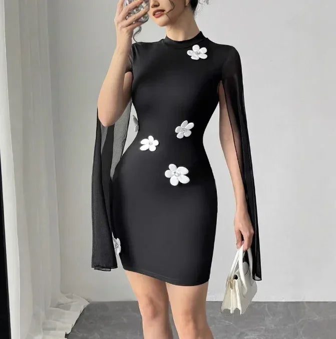 Elegant Cape-Sleeve Dress - 2025 Office Lady Pearl Chiffon Party Dress