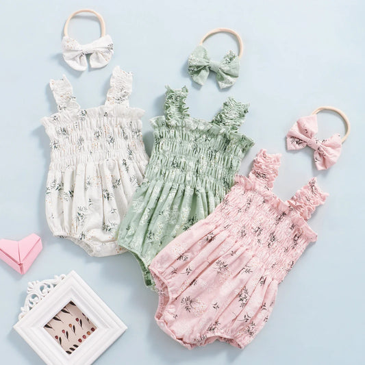 ma&baby 0-24M Baby Girl Romper Newborn Infant Jumpsuit Floral Print Sleeveless Clothing Headband Summer Outfits