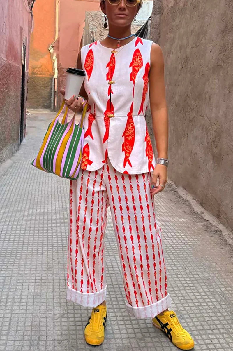 Summer Women Cartoon Red Fish Print O Neck Tank Top And Straight Female Long Pants Short Sleeve Shirt Wide Leg Pant 2 Piece Sets