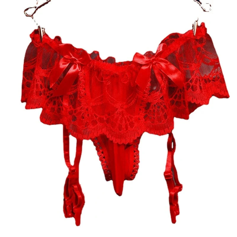 Mens Sexy Panties Lingerie Sissy Underwear Lace Skirted Thong with Garter Belt Briefs Bulge Pouch T Back for Gay Mens G Strings