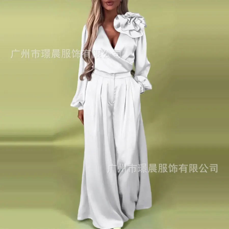 Pant Set Women Two Piece Sets V Neck Matching Sets Floral Slim Fit Tops Wide Leg Long Pants High Waist Y2k Elegant Retro 2025