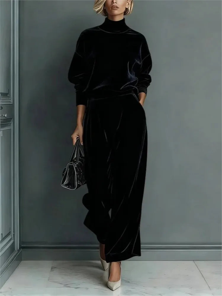 Autumn Winter Fashion High Collar Gold Velvet Long Sleeve Women's Suit
