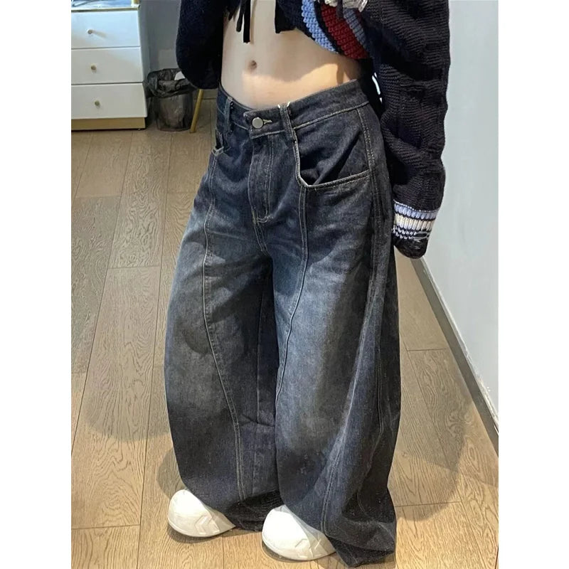 Black Womens Jeans High Waist Vintage Design Hip Hop Straight Baggy