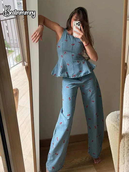 Denim Printed Sleeveless Pants 2-piece Set Women's Elegant Round Neck Fashion Short Shirt Long Pants Suits 2026 Street Outfit