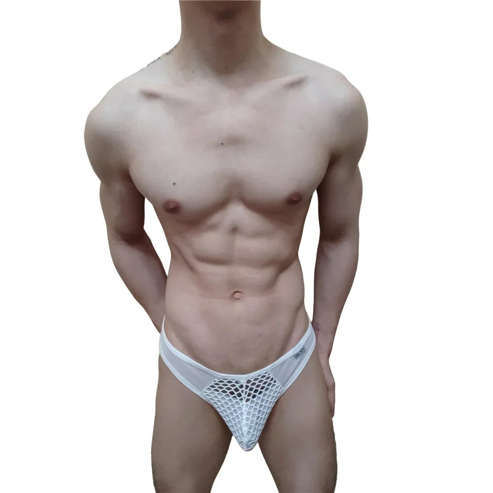 Mens Slip Bikini Jockstrap Briefs Mens Panties Sexy Fishnets Hole Transparent Mesh Ice Silk Men Underwear Sissy Men Underpants