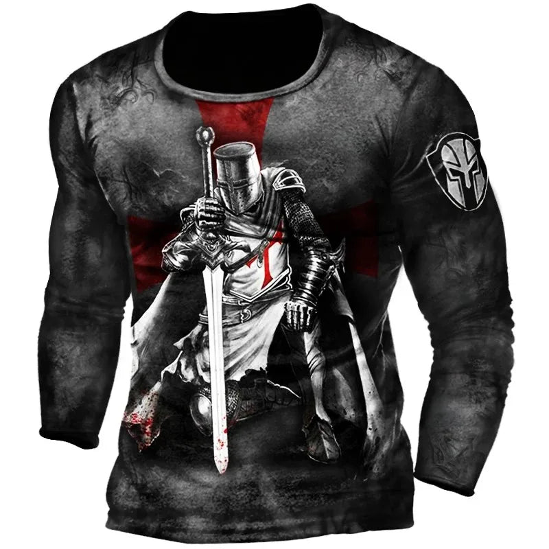 Templar Knight Print Retro Fashion Casual Men's Round Neck Long Sleeve Street Hip Hop Extra Large Speed Drying Wearing T-shirt