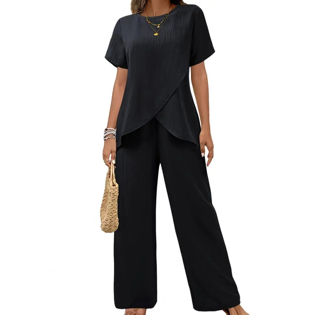 New Fashion Elegant Office Ladies Set Casual Set With Irregular Short Sleeve Blouses Loose Long Pants Two Piece Outfit Women's