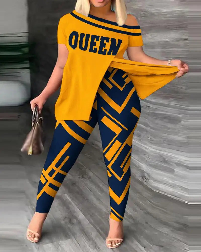 Women's Printed Two-piece Set With Slit Irregular Sloped Collar Top T-shirt Printed Trousers Two-piece Set Fashionable