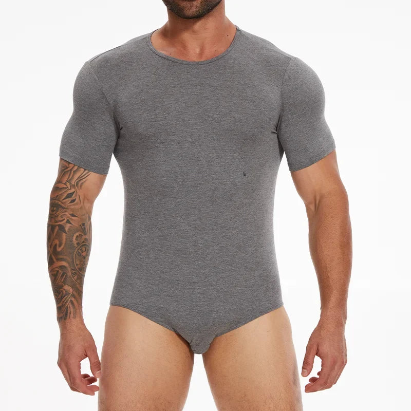 Mens Round Neck Bodysuit Short Sleeve Jumpsuit Press Crotch Underwear Adult Leotard for Shapewear Compression Romper Undershirt
