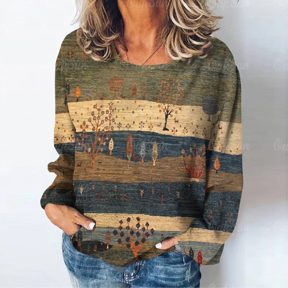 Women's natural landscape print T-shirt long sleeve T-shirt autumn casual women's fashion camel desert print long sleeve