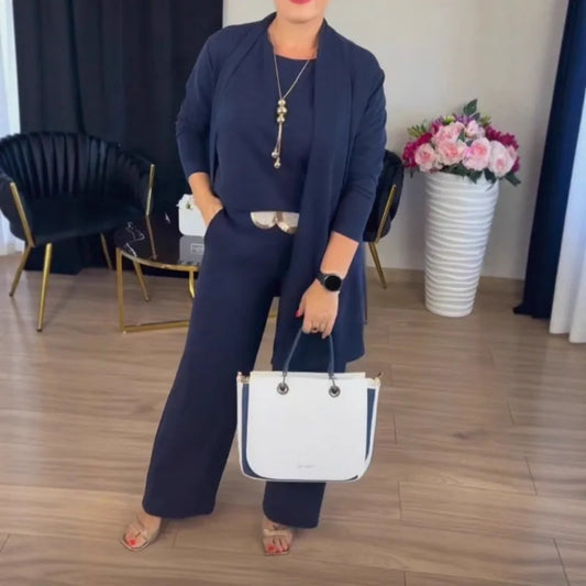 2026 Elegant Ladies Clothing 3 Pieces Set Autumn White Long Cardigan Coat Wide Leg Pants Sets T-shirt Three-piece Outfit Women