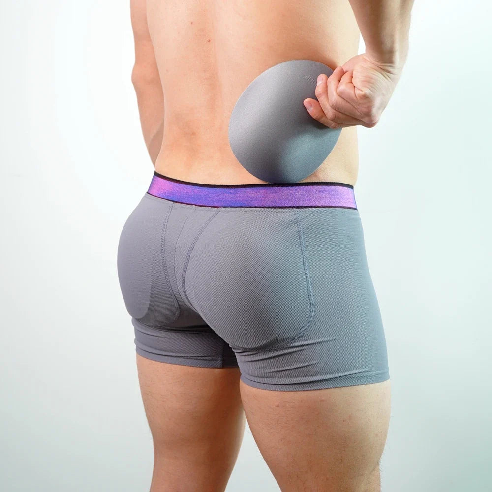 Men's Underwear Padded Buttocks Boxer Trunk with Butt Pads, Breathable Mesh, Long Boxer Shorts, Elastic and Comfortable