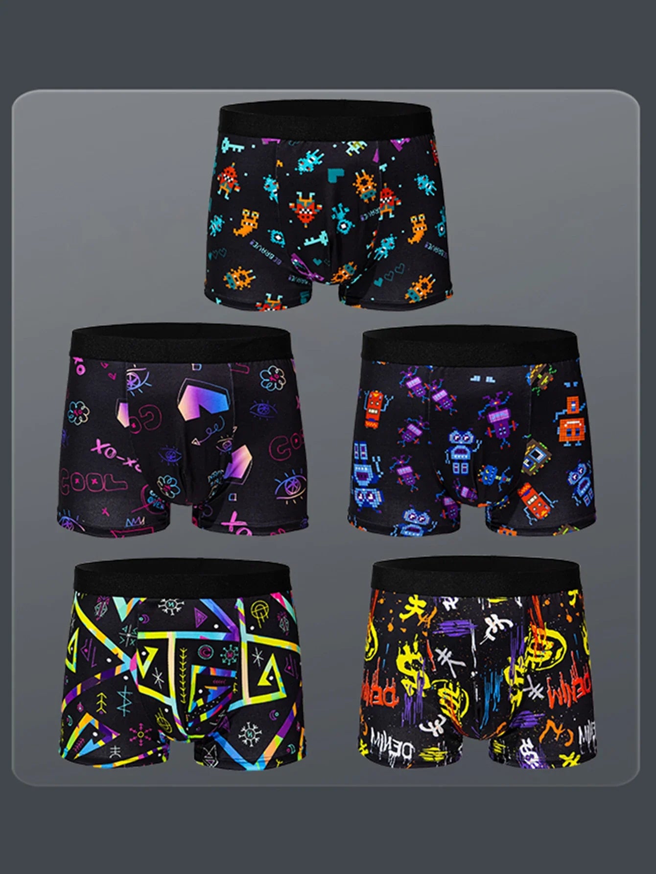 5-pcs Men's trendy graffiti, pixel, cyberpunk print boxer underwear, comfortable and casual and fashionable boxer