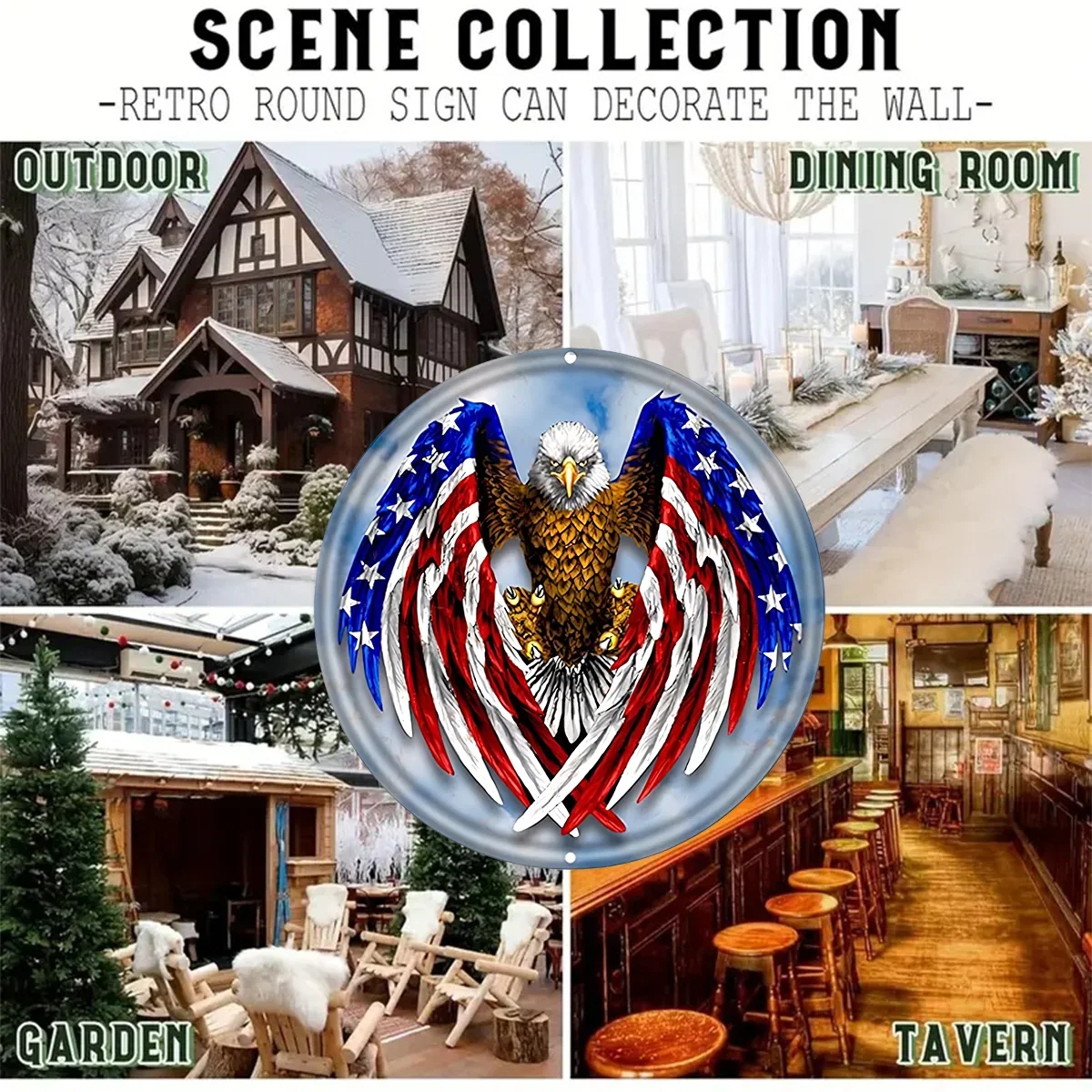 Round Metal Tin Sign Rustic Wall Decor,Patriotic American Flag Eagle,Suitable for Home and Kitchen Bar Cafe Garage Wall Decor