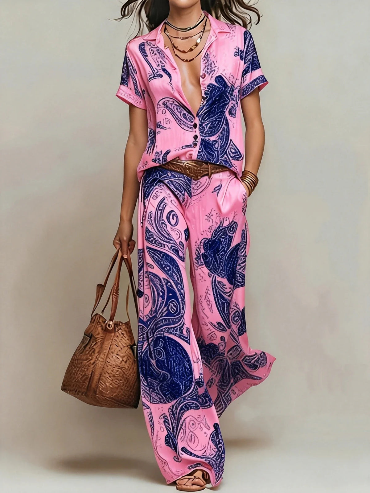 Women's Boho Paisley Print Two-Piece Set V-Neck Short Sleeve Blouse Top Wide Leg Pants Casual Loose Suit for Vacation