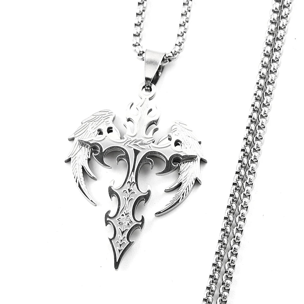 Gothic Punk Angle Wing Spiked Cross Pendant Necklace For Women Men Stainless Steel Black Color Hip Hop Chain Protection Jewelry