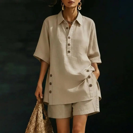 Cotton Linen Set for Women Button Short Sleeve Shirt And Wide Leg Shorts 2 Piece Outfit Summer Casual Beach Lounge Sets