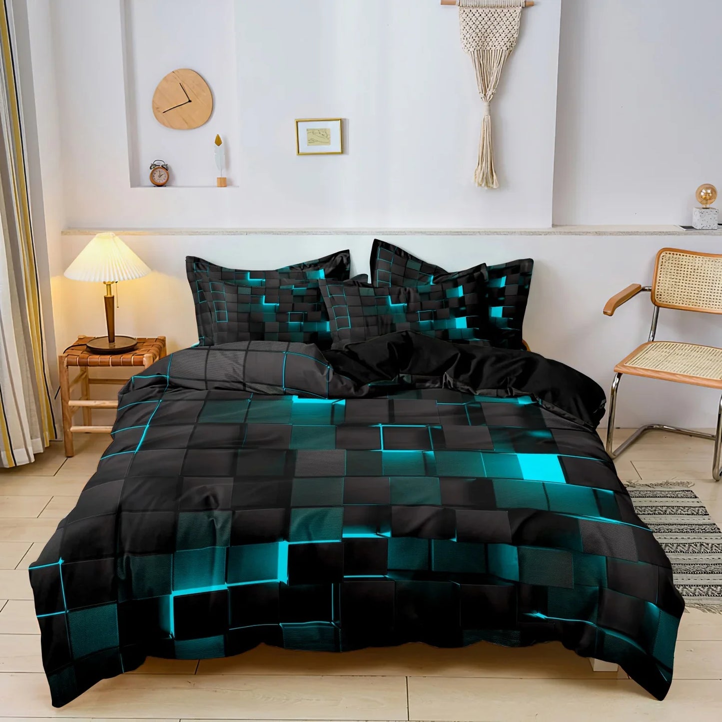 3pcs Luxurious Geometric Grid Plaid Print Soft Comfortable Duvet Cover