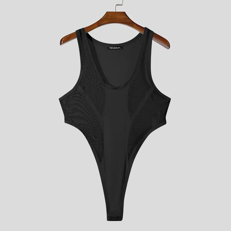 INCERUN American Style Bodysuits Fashion Mens Mesh Splicing Side High Slit Triangle Jumpsuits Sexy Homewear Sleeveless Jumpsuits