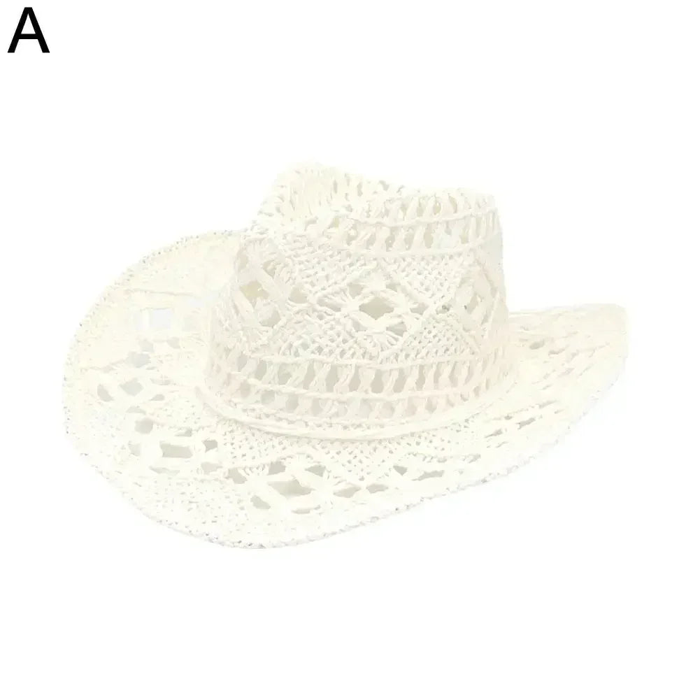 Summer Outdoor Men Women Hand-woven Western Cowboy Straw Hats Wide Brim Breathable Beach Jazz Cap Sun Protection Hat