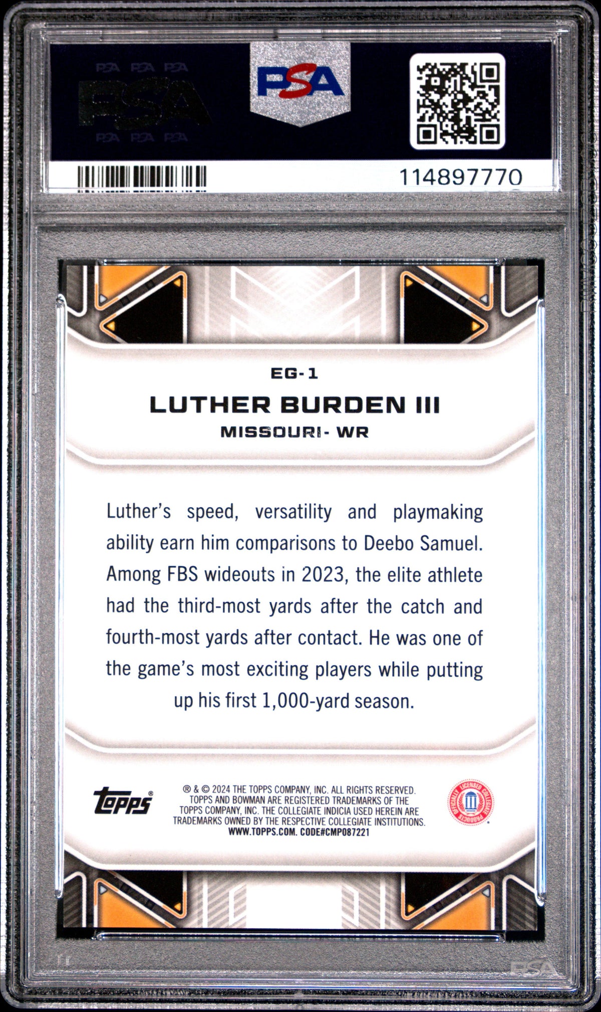 Graded 2024 Topps Bowman Best University Luther Burden III #EG1 Elements of the Game Geometric Refractor Rookie RC Football Card PSA 10 Gem Mint