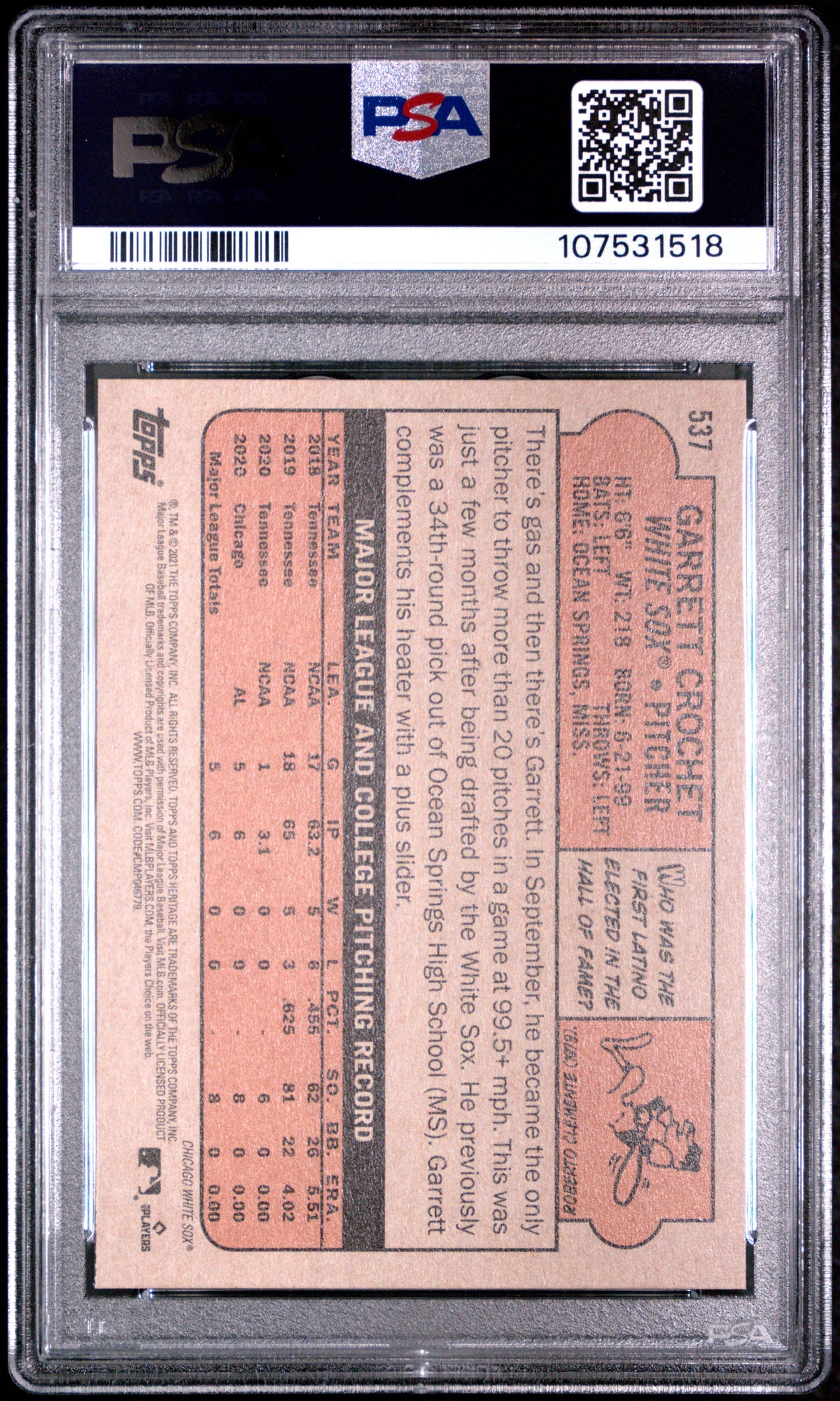 Graded 2021 Topps Heritage Garrett Crochet #537 Rookie RC Baseball Card PSA 10 Gem Mint