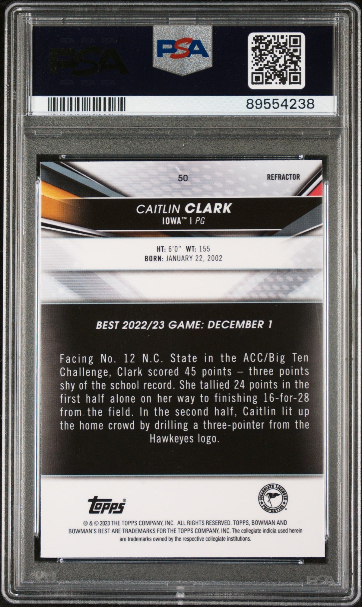 Graded 2022 Topps Bowman University Best Caitlin Clark #50 Refractor Rookie RC Basketball Card PSA 8 Near Mint