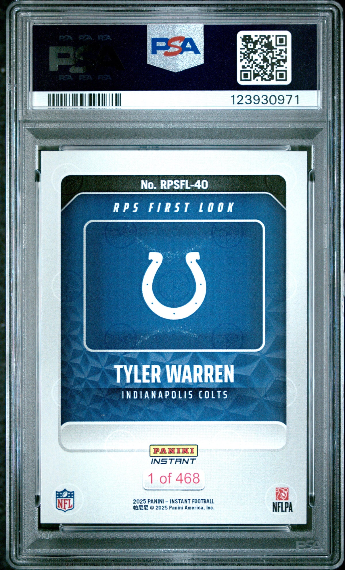 Graded 2025 Panini Instant Tyler Warren #RPSFL40 RPS First Look Rookie RC Football Card PSA 8 Near Mint