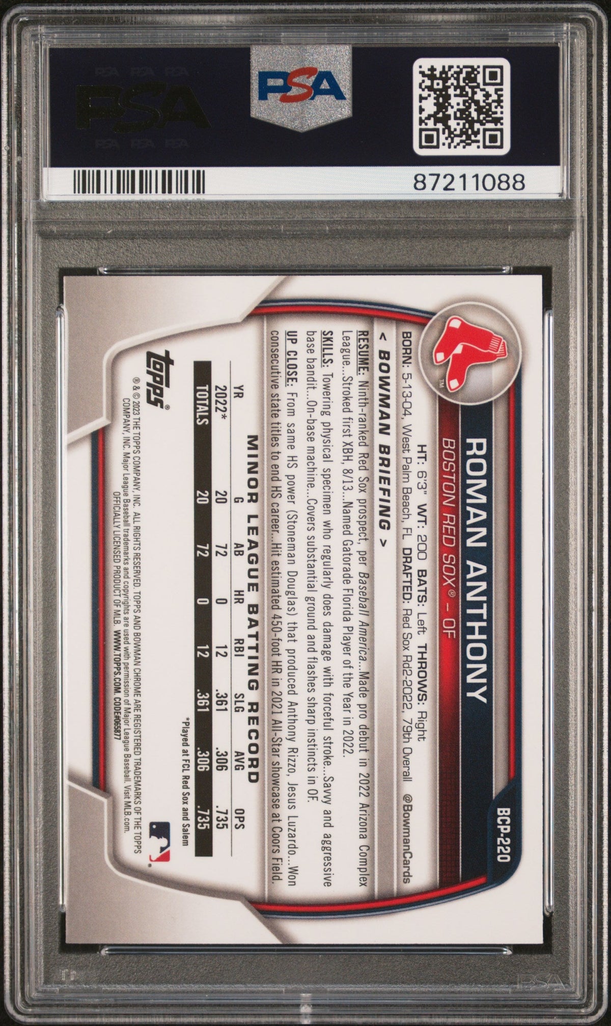 Graded 2023 Topps Bowman Chrome Roman Anthony #BCP220 Prospects Rookie RC Baseball Card PSA 10 Gem Mint
