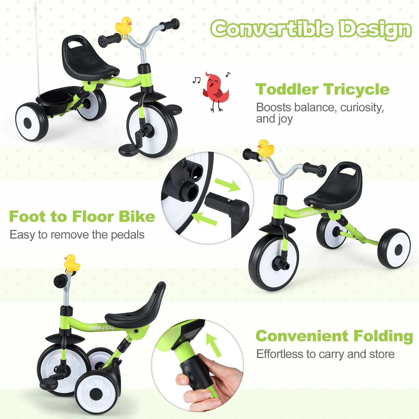 Toddler Tricycle with 3-Position Seat and Storage Basket for Kids