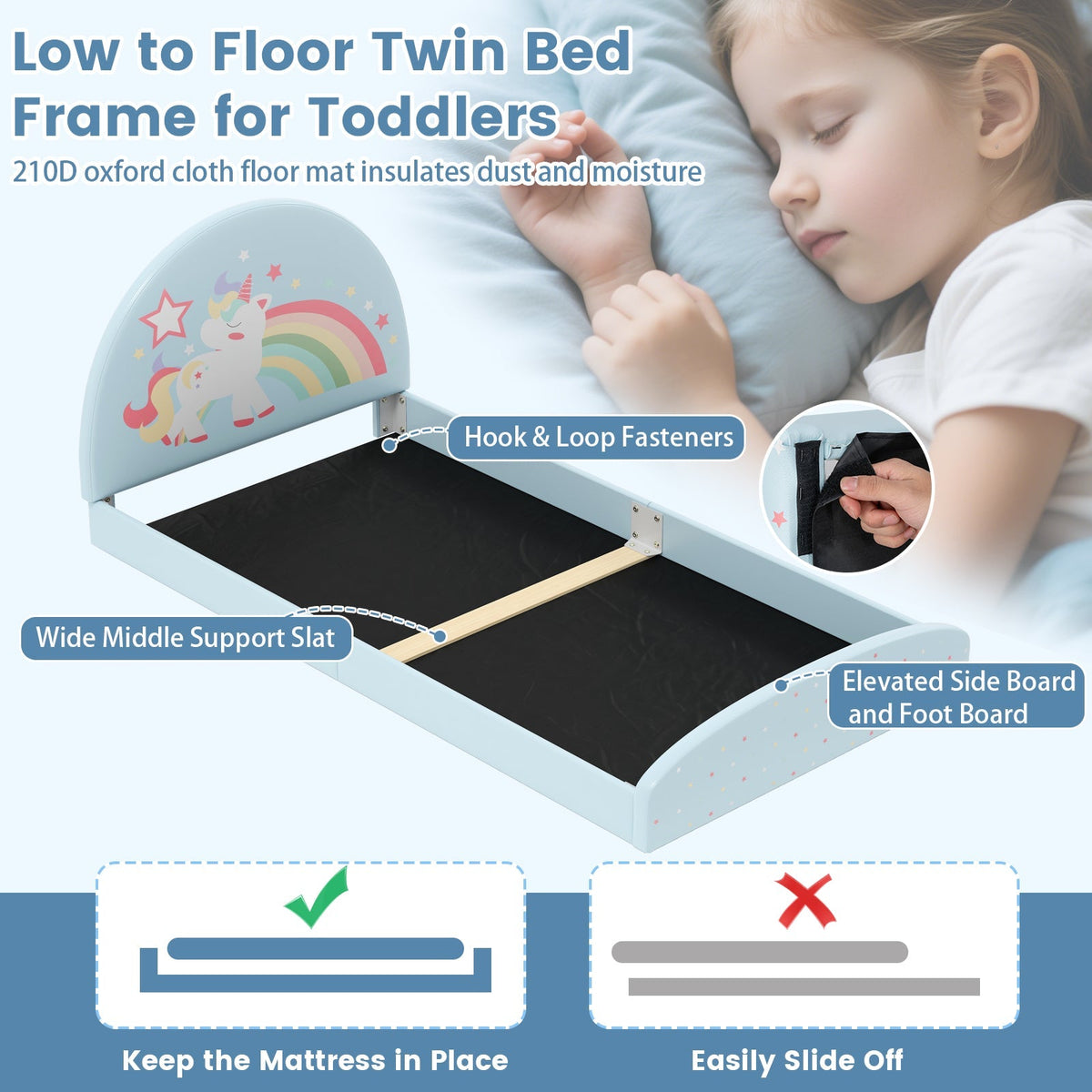 Twin Floor Bed Frame Upholstered Twin Size Kids Floor Bed with 210D Oxford Cloth Floor Mat