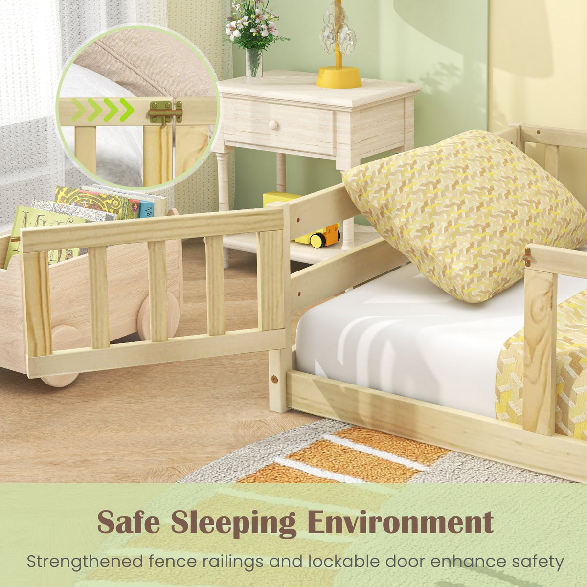 Twin Size Kids Wood Montessori Floor Bed with Door and Fence-Natural