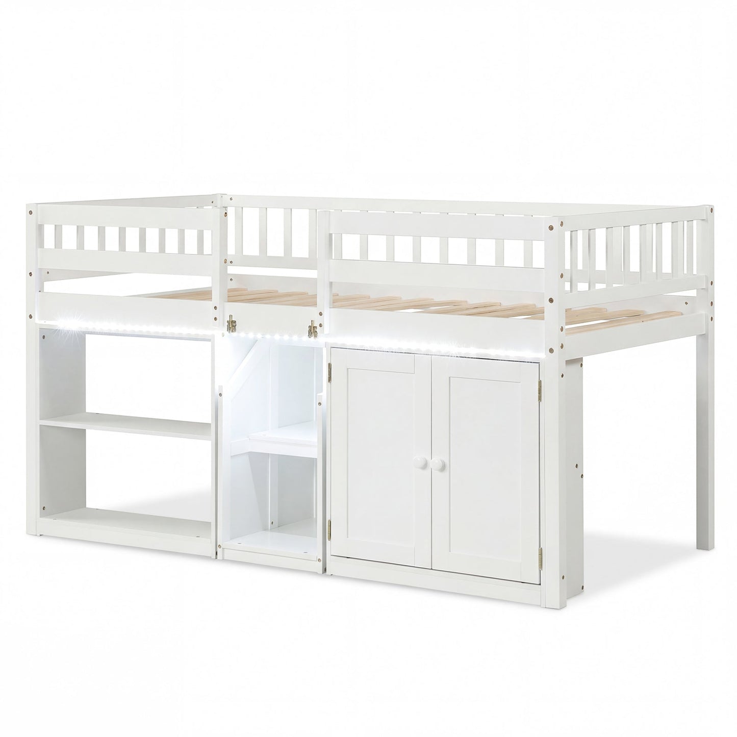 Twin Size Loft Bed with LED Lights and Kids Wooden Bed Frame