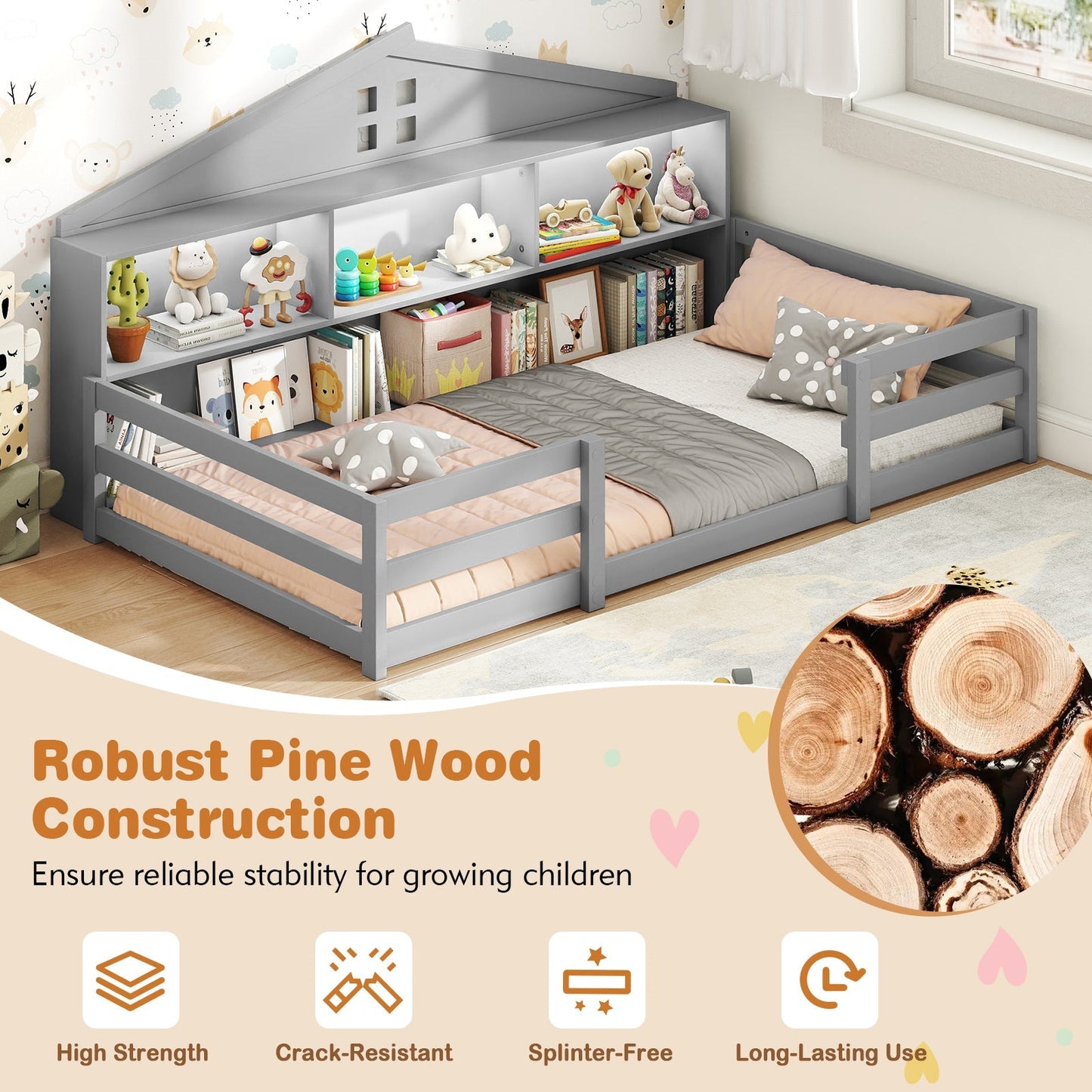 Twin Size Montessori Floor Bed with Storage Compartments and Shelf