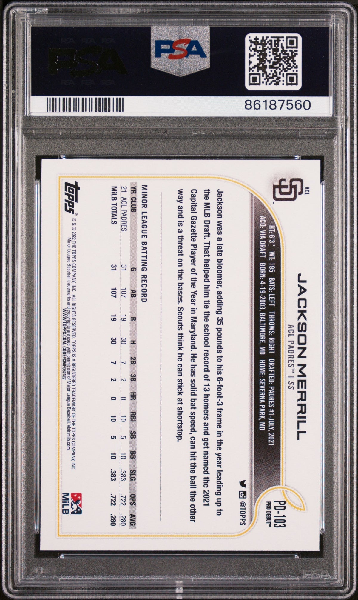 Graded 2022 Topps Pro Debut Jackson Merrill #PD103 Rookie RC Baseball Card PSA 10 Gem Mint