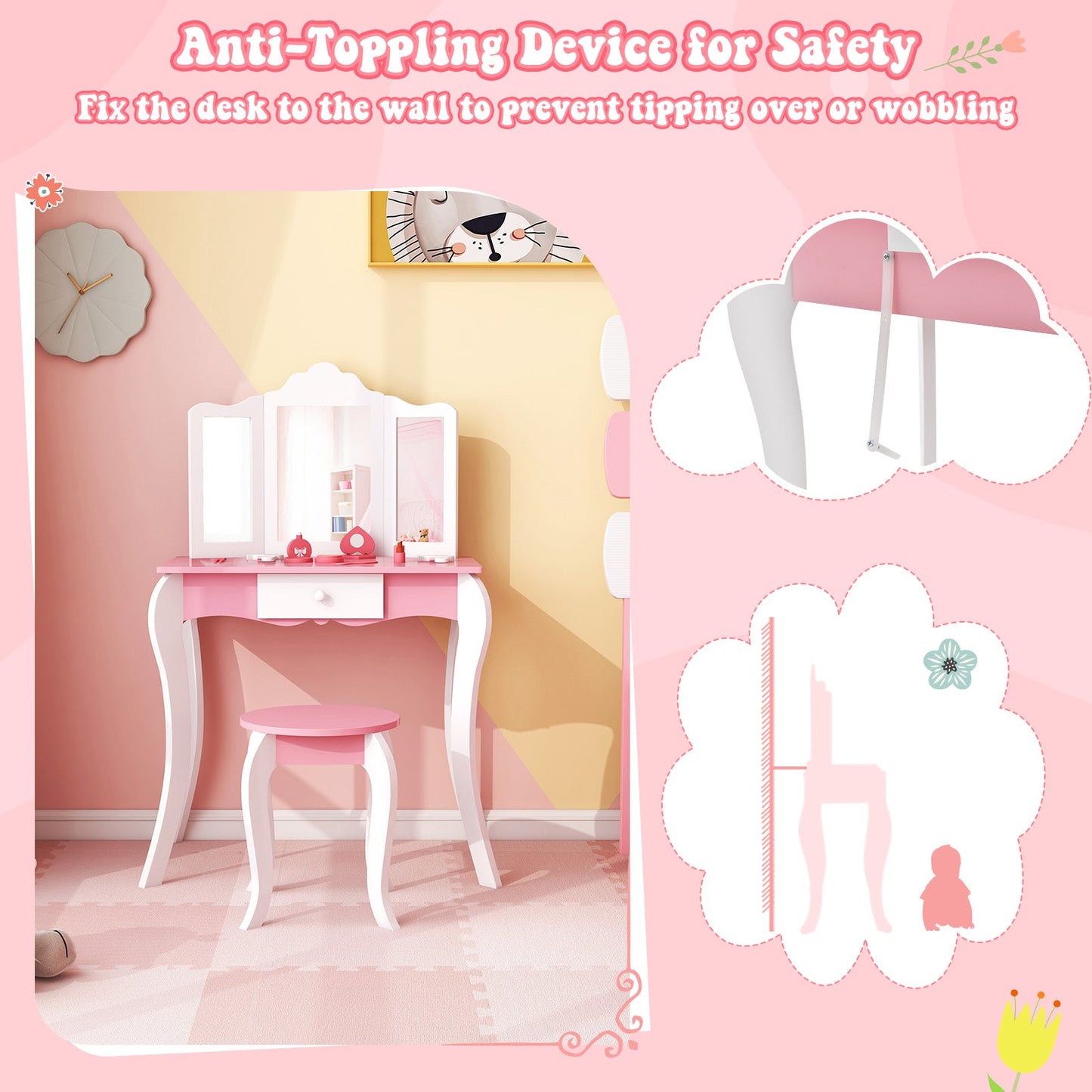 Kid's Wooden Vanity Table and Stool Set with 3-Panel Acrylic Mirror-White