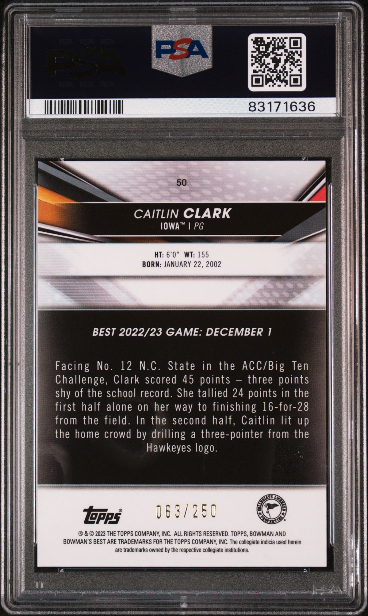 Graded 2022 Topps Bowman University Best Caitlin Clark #50 Purple Refractor #/250 Rookie RC Basketball Card PSA 10 Gem Mint