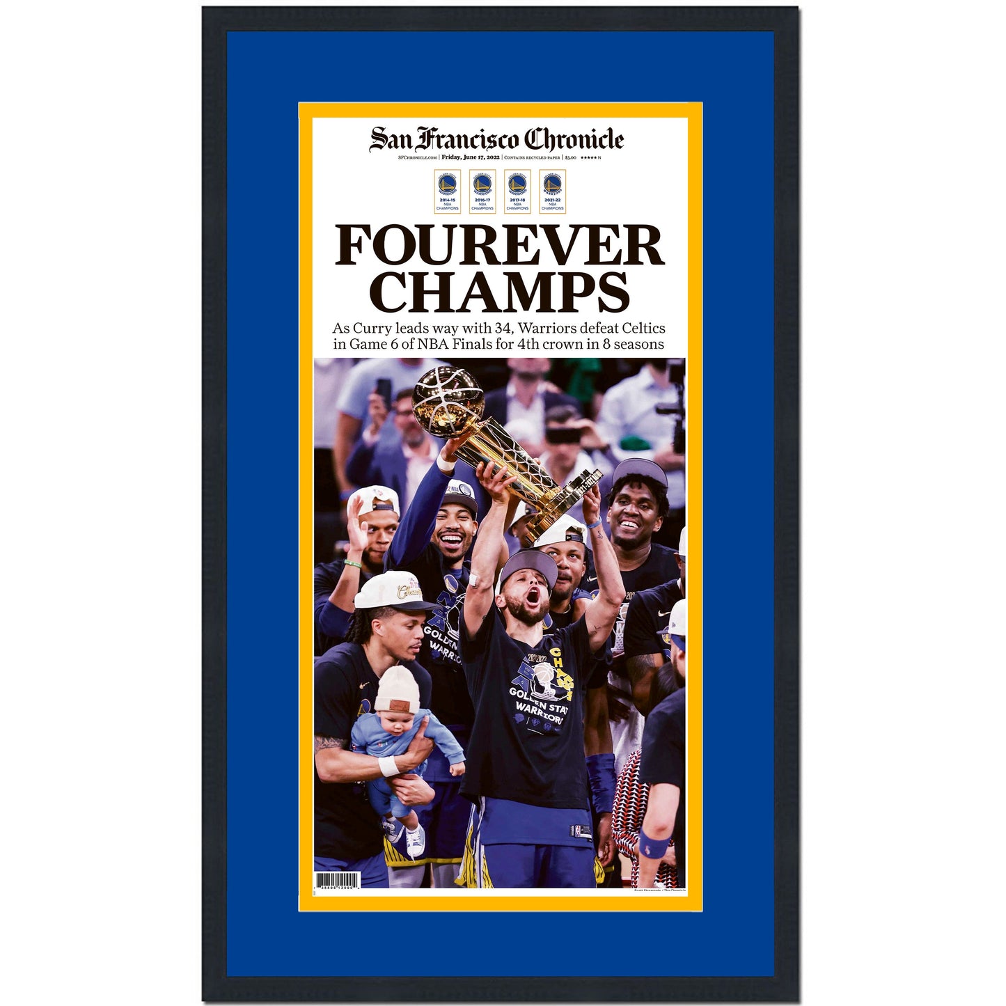 Framed San Francisco Chronicle Golden State Warriors 2022 NBA Finals Champions 17x27 Basketball Newspaper Cover Photo Professionally Matted V1