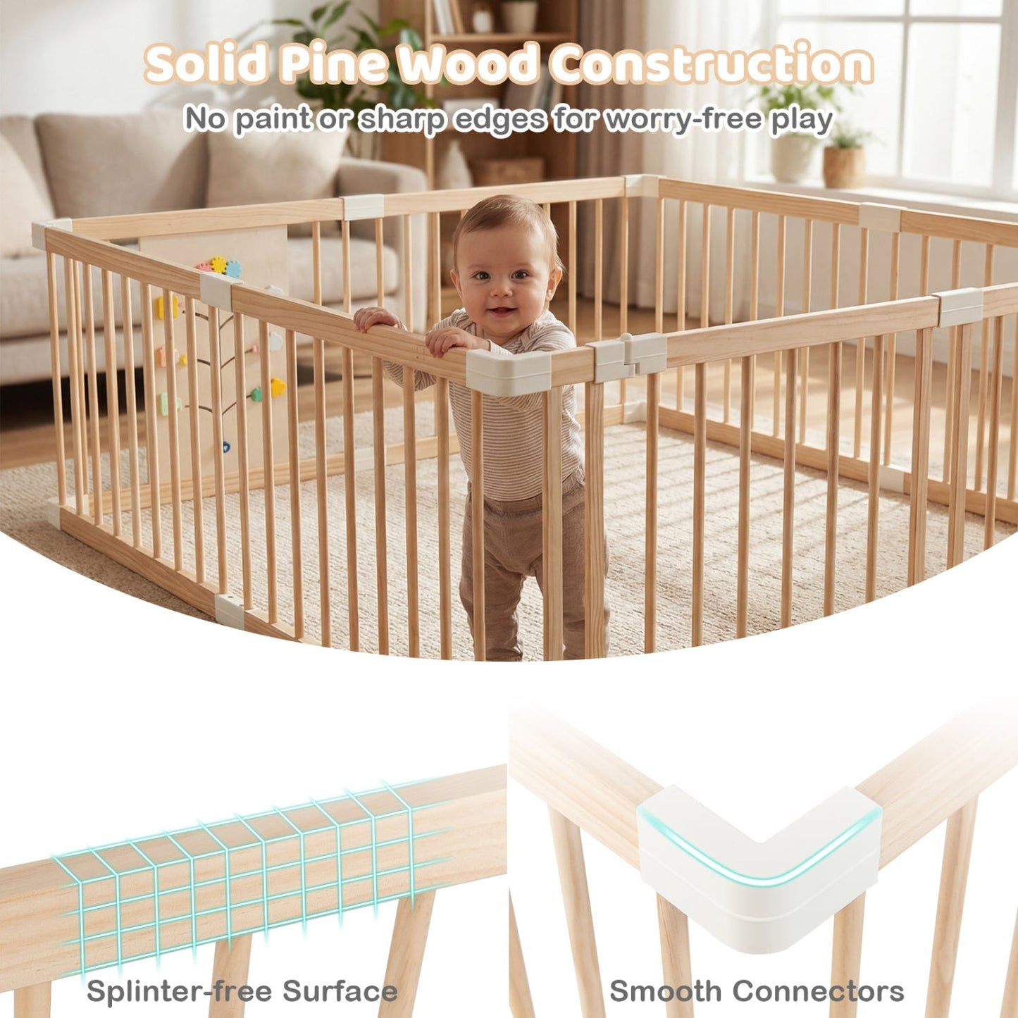 Wooden Baby Playpen Adjustable Large Play Yard for Infants-Natural