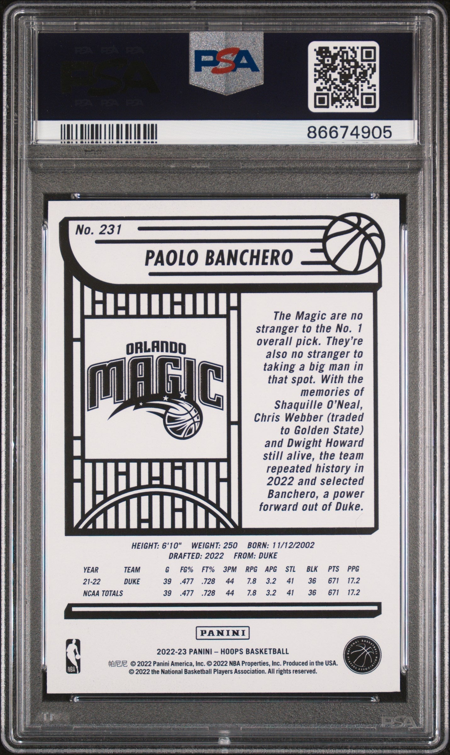 Graded 2022 Panini NBA Hoops Paolo Banchero #231 Rookie RC Basketball Card PSA 6 EX-MT