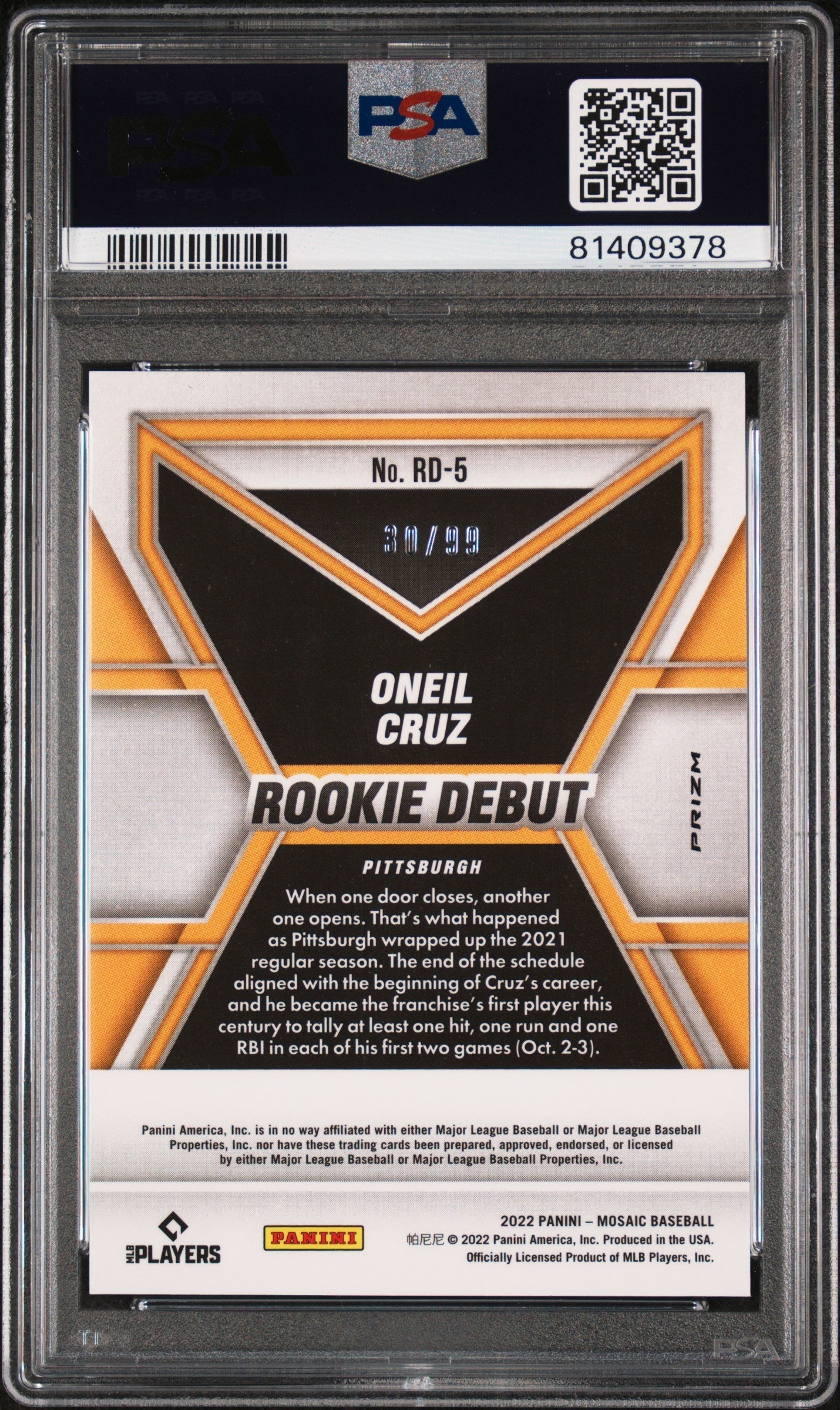 Graded 2022 Panini Mosaic Oneil Cruz #RD5 Rookie Debut Orange Fluorescent #/99 RC Baseball Card PSA 10 Gem Mint