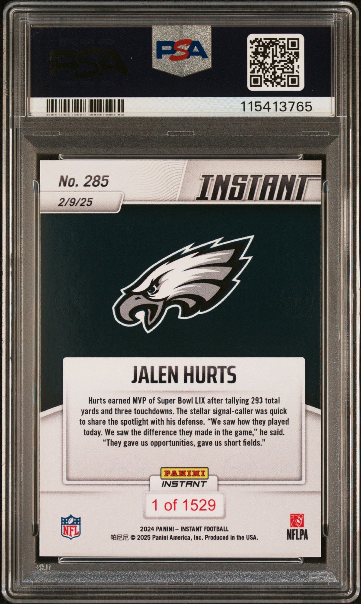 Graded 2024 Panini Instant NFL Jalen Hurts #285 Football Card PSA 9 Mint