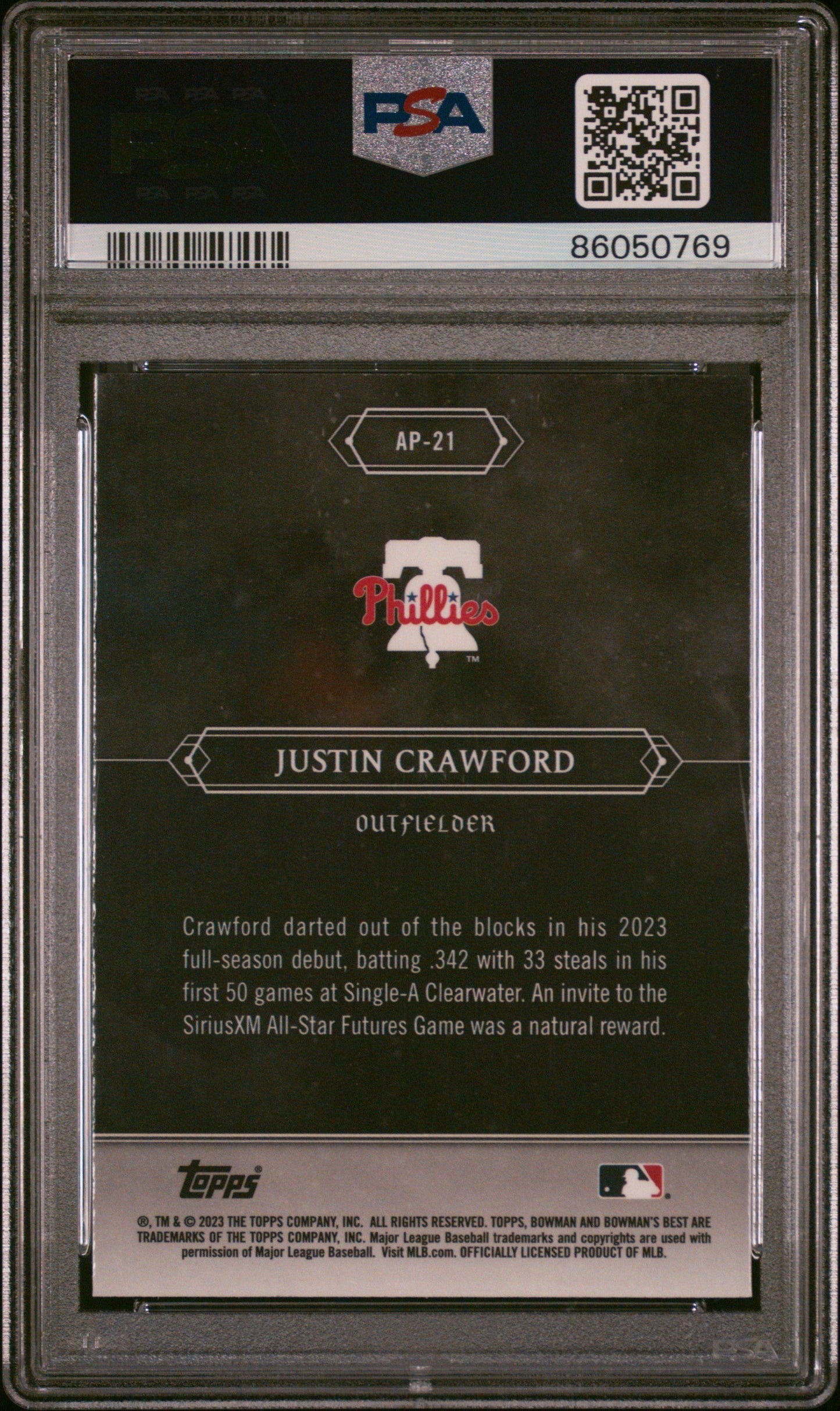 Graded 2023 Topps Bowmans Best Justin Crawford #AP21 Astral Projections Rookie RC Baseball Card PSA 10 Gem Mint